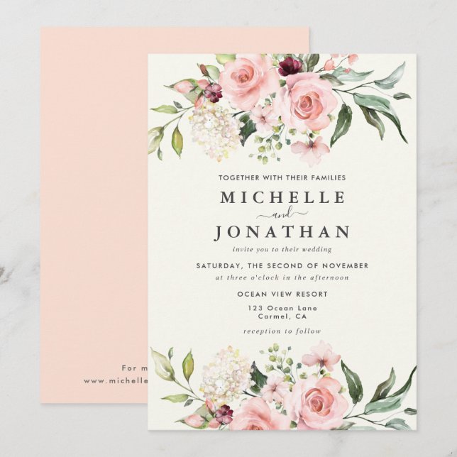 Convite de Casamento Floral Rosa Elegante - Creme (Frente/Verso)