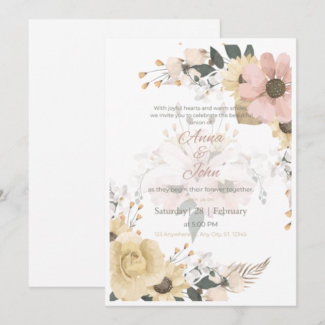 Convite de Casamento Floral Rosa Elegante em Tom d (Frente/Verso)