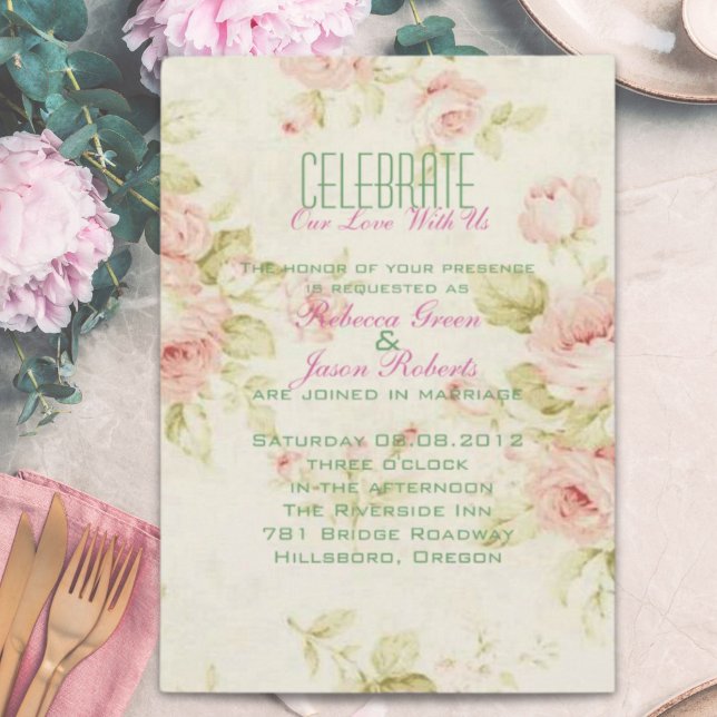 convite de casamento floral rosa elegante vintage (elegant Pink rose Floral vintage wedding invite)