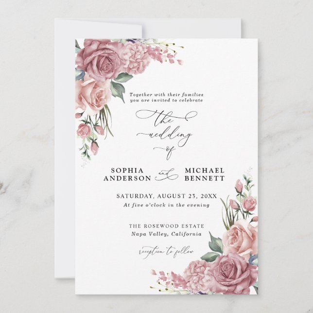 Convite de Casamento Floral Rosa Empoeirado (Frente)