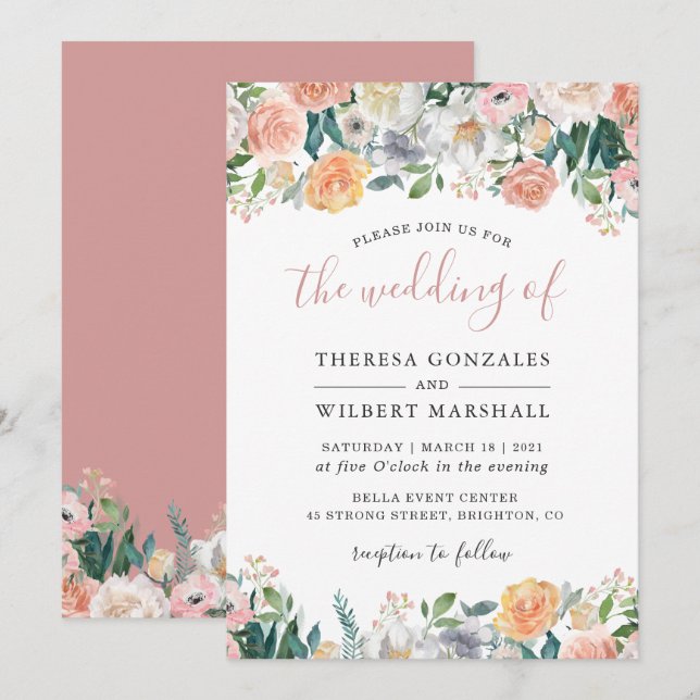 Convite de Casamento Floral Rosa Empoeirado (Frente/Verso)