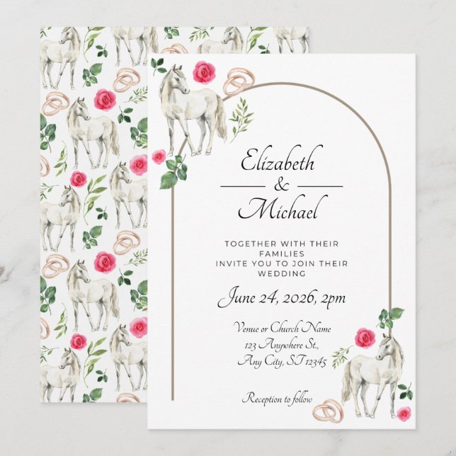Convite de Casamento Floral Rosa Equestre Rústico (Frente/Verso)