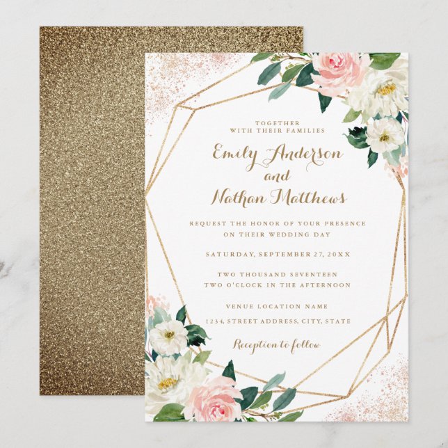 Convite de Casamento Floral Rosa Geométrico Dourad (Frente/Verso)