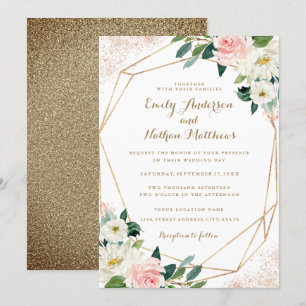 Convite de Casamento Floral Rosa Geométrico Dourad