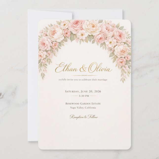Convite de Casamento Floral Rosa Luxuoso (Frente)