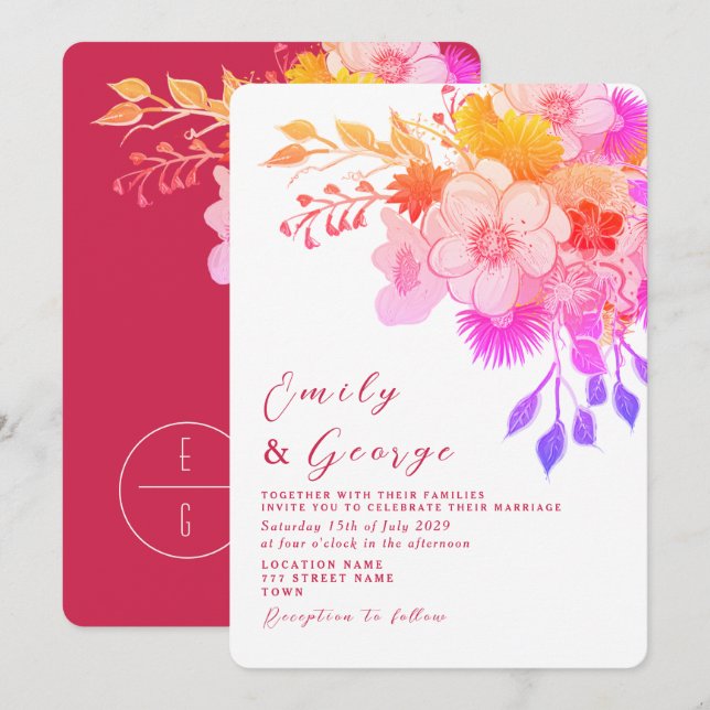 Convite de Casamento Floral Rosa Magenta (Frente/Verso)