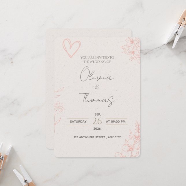 Convite de Casamento Floral Rosa Minimalista (Frente/Verso In Situ)