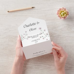 Convite de Casamento Floral Rosa Mínimo Tudo em Um