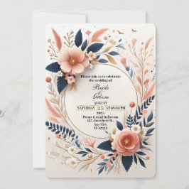 Convite de Casamento Floral Rosa Pastel e Azul Mar