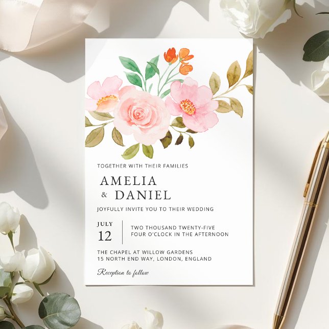 Convite de Casamento Floral Rosa Pêssego (Criador carregado)