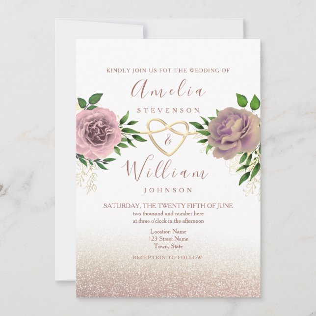 Convite de Casamento Floral Rosa Po dusty e Dourad (Frente)