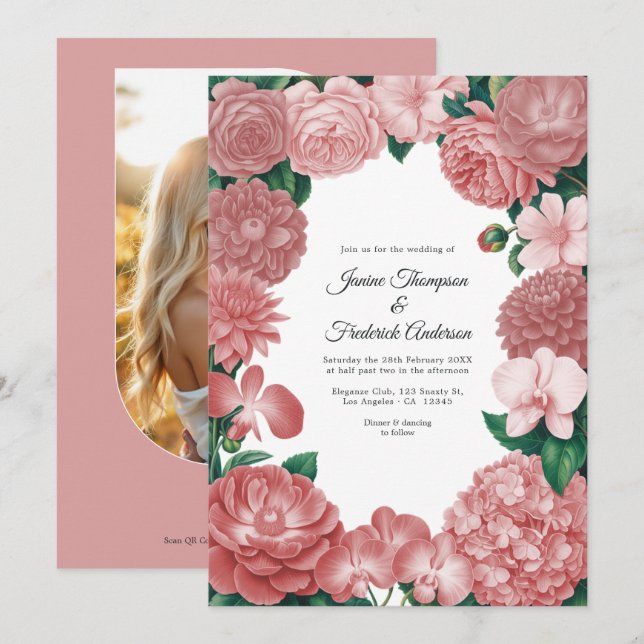 Convite de Casamento Floral Rosa Poeirento com Fot (Frente/Verso)