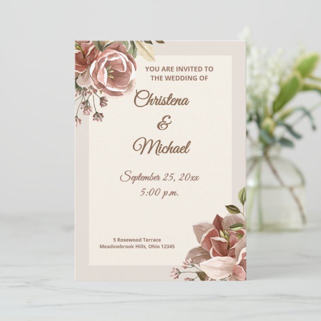 Convite de Casamento Floral Rosa Poeirento Suave (Em pé/Frente)