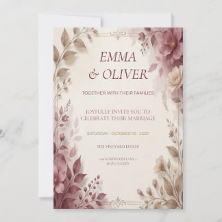 Convite de Casamento Floral Rosa Poento e Mocha
