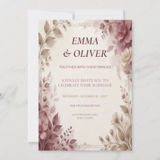 Convite de Casamento Floral Rosa Poento e Mocha