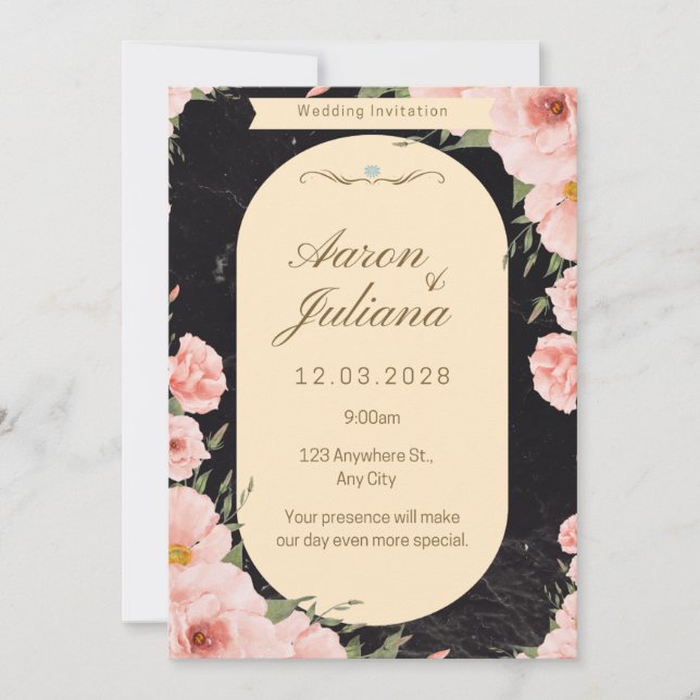 convite de casamento floral rosa preto (Frente)