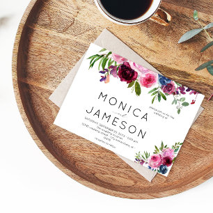 Convite de Casamento Floral Rosa Quente e Azul Mar