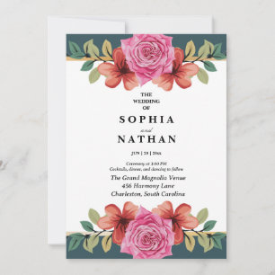 Convite de Casamento Floral Rosa Rosa e Azul Turqu