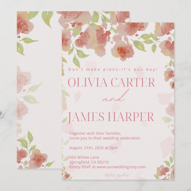 Convite de Casamento Floral Rosa – Rústico Elegant (Frente/Verso)