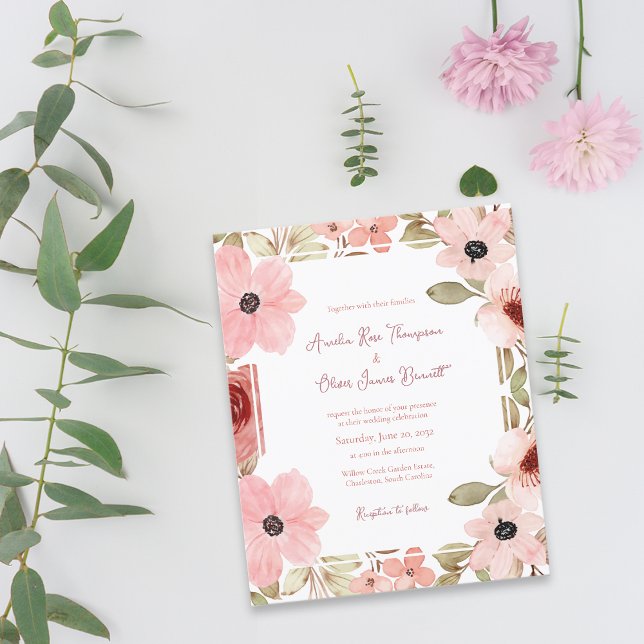 Convite de Casamento Floral Rosa Suave Romântico (Romantic Blush Soft Pink Floral Wedding Invitation)