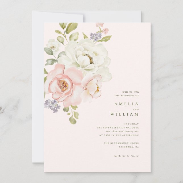 Convite de Casamento Floral Rosa Tenro (Frente)