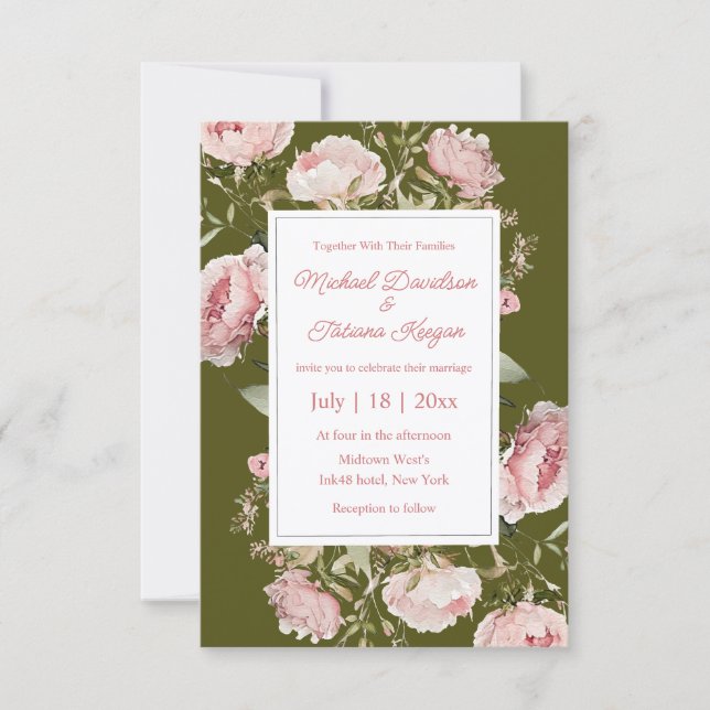 convite de casamento floral rosa verde aquarela  (Frente)