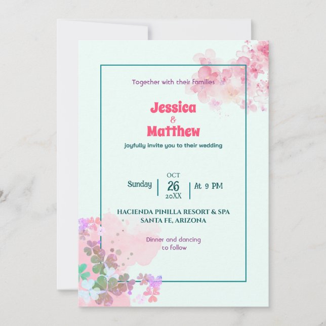 Convite de casamento floral rosa-verde simples (Frente)