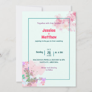 Convite de casamento floral rosa-verde simples
