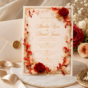 Convite de Casamento Floral Rosa Vermelha Elegante