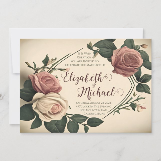 Convite de Casamento Floral Rosa Vintage (Frente)