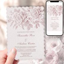 Convite de Casamento Floral Rosado com Relevo Fals