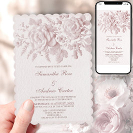 Convite de Casamento Floral Rosado com Relevo Fals