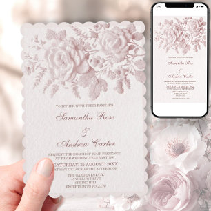 Convite de Casamento Floral Rosado com Relevo Fals