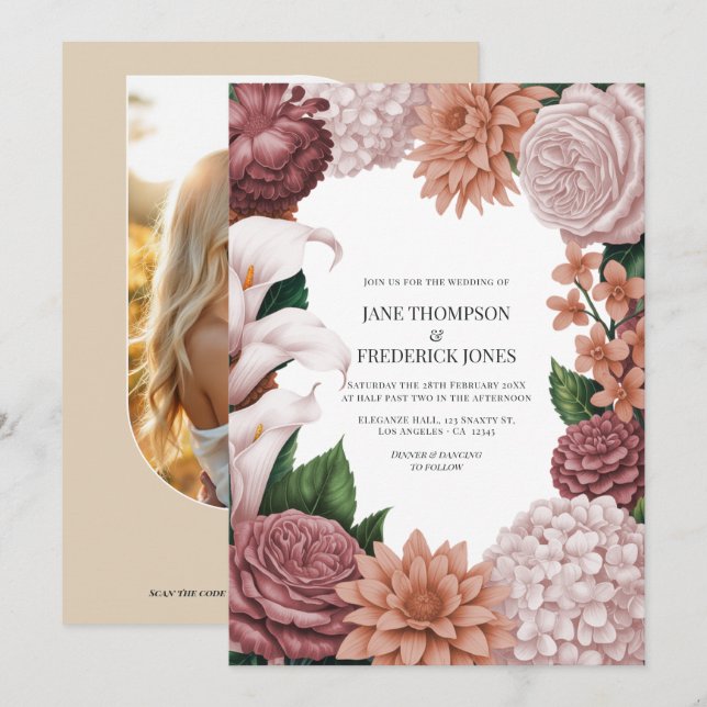 Convite de Casamento Floral Rosé Clay, Terra Pink  (Frente/Verso)