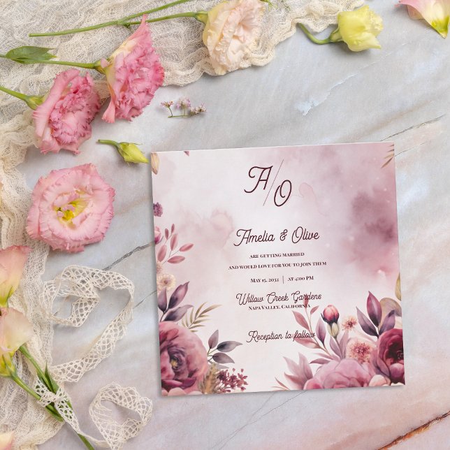 Convite de Casamento Floral Róseo Etéreo Romântico (Ethereal Mauve Fine Art Floral Wedding Invitation Flat Card)