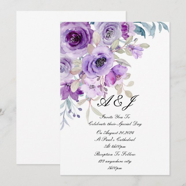 convite de casamento floral roxo (Frente/Verso)