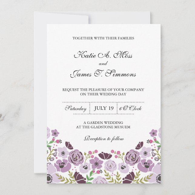 Convite De Casamento Floral| Roxo (Frente)