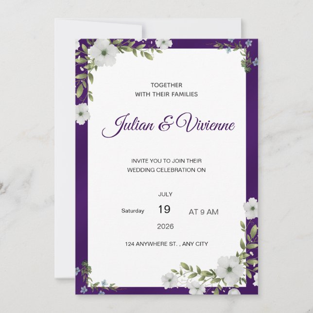 Convite de Casamento Floral Roxo (Frente)