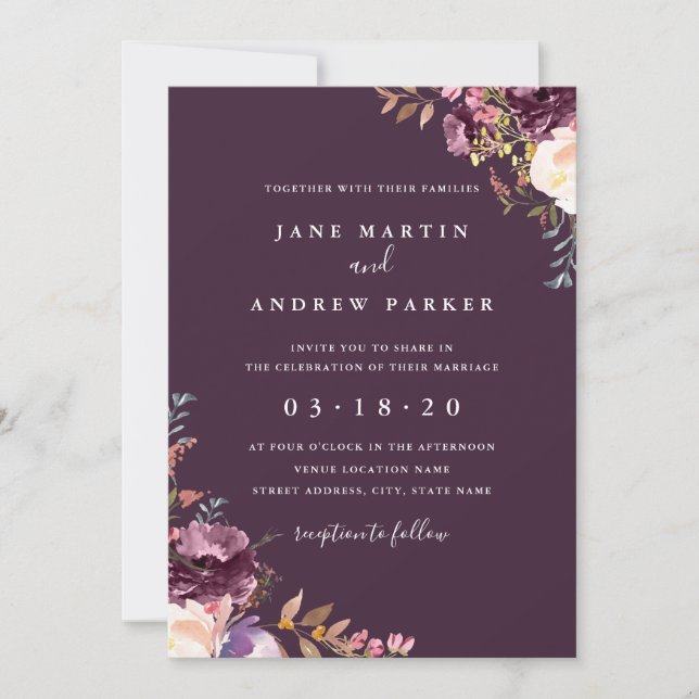Convite de Casamento Floral Roxo (Frente)