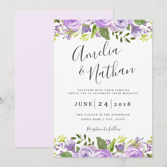 Convite de Casamento Floral Roxo Aquarela (Frente/Verso)