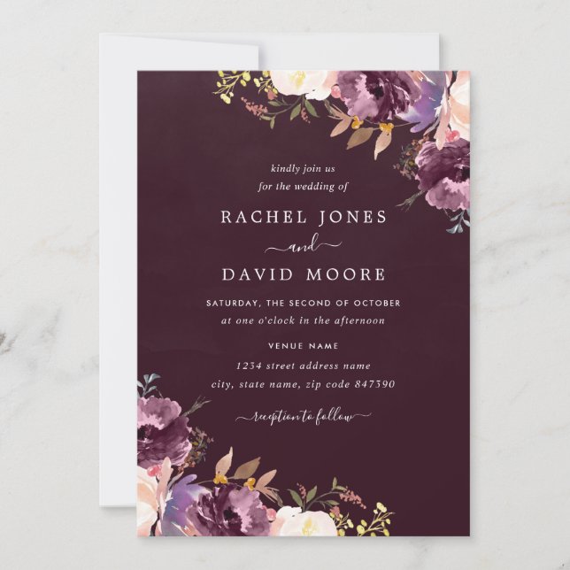 Convite de Casamento Floral Roxo Aquarela Bloom (Frente)