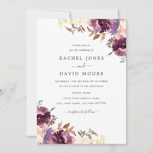 Convite de Casamento Floral Roxo Aquarela Bloom (Frente)