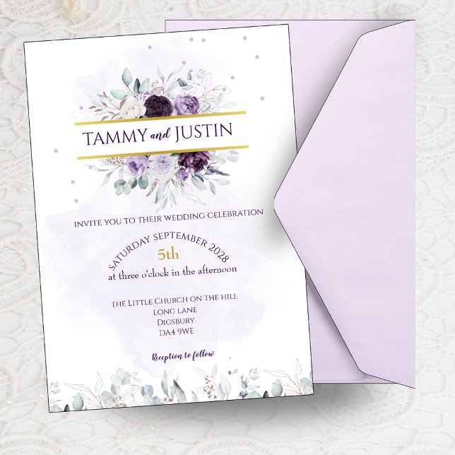 Convite De Casamento Floral Roxo, Branco E Lilac (Criador carregado)