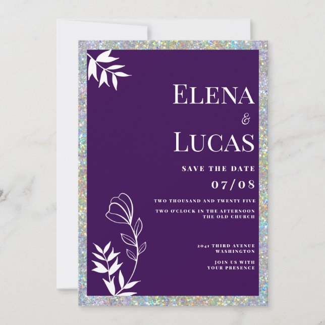 Convite de casamento floral roxo branco esboço bri (Frente)