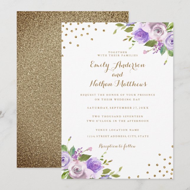 Convite de Casamento Floral Roxo com Confetes Dour (Frente/Verso)