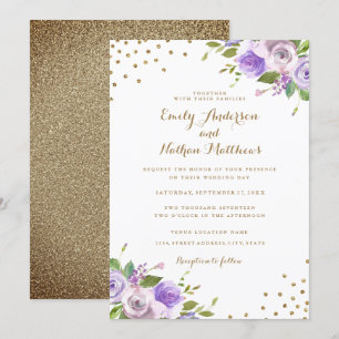 Convite de Casamento Floral Roxo com Confetes Dour