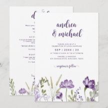 Convite de Casamento Floral Roxo com Detalhes Atrá