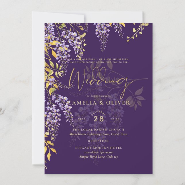 Convite de Casamento Floral Roxo Dourado WISTERIA  (Frente)