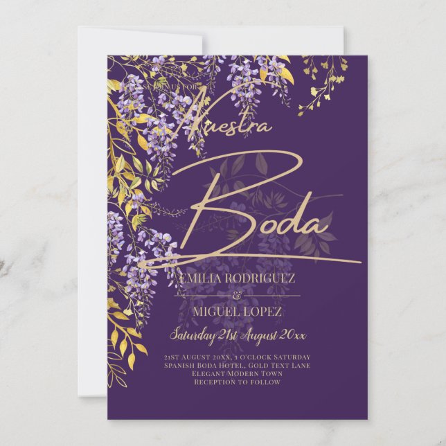 Convite de Casamento Floral Roxo Dourado WISTERIA  (Frente)
