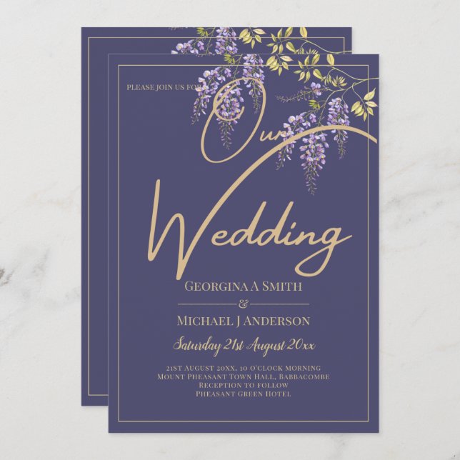 Convite de Casamento Floral Roxo Dourado WISTERIA  (Frente/Verso)